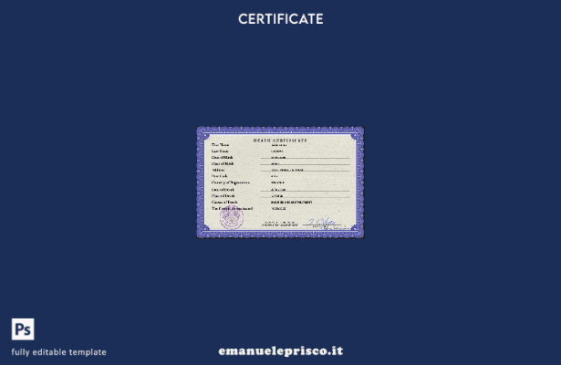 modello PSD del certificato di morte del documento di stato civile della Bieloru